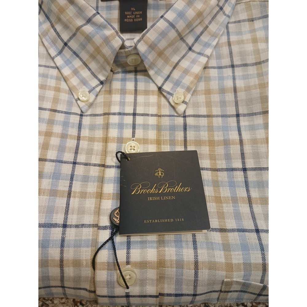 BROOKS BROTHERS Irish Linen Plaid LS Button Down Shirt Sz Xl White/Blue/Tan NEW - Picture 5 of 9